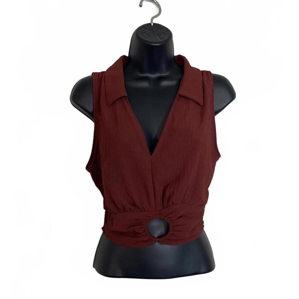NWT Women's Burgundy Sage The Label Collared Sleeveless Crop Top‎ Size Small